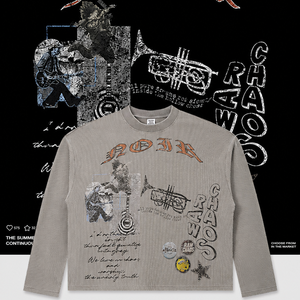 Camiseta de manga larga para hombre con estampado de banda, tejido gofrado, corte holgado, hombros caídos, cuello redondo, estilo retro americano, streetwear casual de otoño - Product Image 3