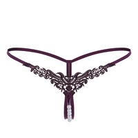 Lingerie sexy pour femme avec grandes perles, broderie, string à entrejambe ouvert, taille basse, nœud, perles, pour adultes