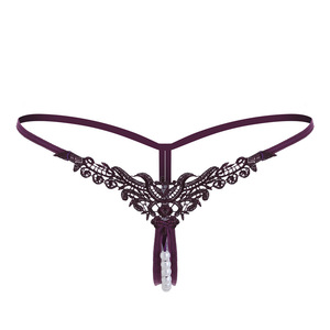 Lencería sexy de perlas grandes para mujer, tanga bordada con abertura en la entrepierna, tanga de tiro bajo con lazo, perlas y detalles para adultos. - Product Image 3