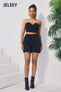 JELEEEY Pantaloncini con paillettes a vita alta con top corto, set sexy da discoteca, outfit estivo alla moda da donna - Product Image 1