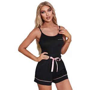 2023 new design women's spring and summer black neck suspender top pull rope shorts home clothes sexy pajama set for woman