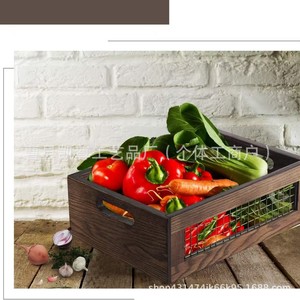 Cesta de almacenamiento de madera para mesa de salón, caja de almacenamiento de malla de hierro forjado, caja de almacenamiento multiusos para especias de cocina y - Product Image 1
