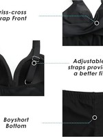 Top de tankini con aros para mujer, cuello en V, fluido, de licra/nailon, traje de baño negro, talla XX-Large