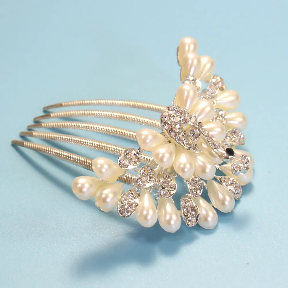 Venta al por mayor de la fábrica del Pavo Real en forma de novia de diamantes de imitación de perlas de pelo accesorios boda peine del pelo de novia de cristal