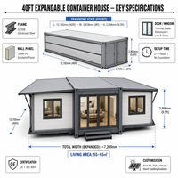 Maison conteneur extensible 40 pieds à double aile, 2 chambres, entièrement meublée, avec salle de bain, pour utilisation en ADU dans un jardin.