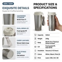 Tasse à café en titane pur 520 ml, double paroi isolée sous vide, légère, avec paille, personnalisable avec logo, idéale pour les voyages