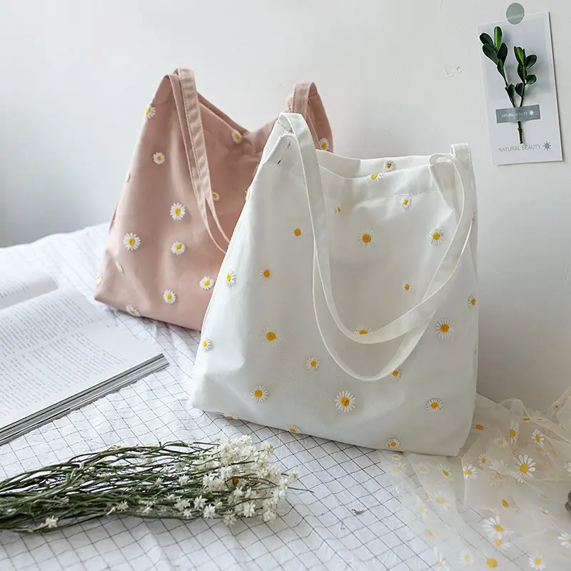 Bolso de hombro de lona con estampado de flores bordadas para mujer, bandolera de algodón informal con cierre de cremallera para ir de compras