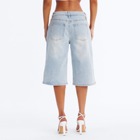 Shorts Bermuda en jean denim pour femme, coupe large, délavage clair, faible élasticité, avec bouton et fermeture éclair, vente en gros