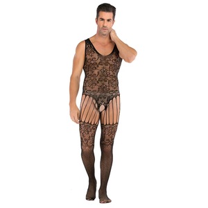 Men's Black <b>Fishnet</b> Bodysuit With Lace Pattern Mid-Rise Spandex Nylon Sexy Underwear - Product Image 3