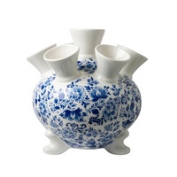 Jarrón de Cerámica Estilo Tulipán Holandés, Jarrón Decorativo Azul Delft en Forma de Corazón