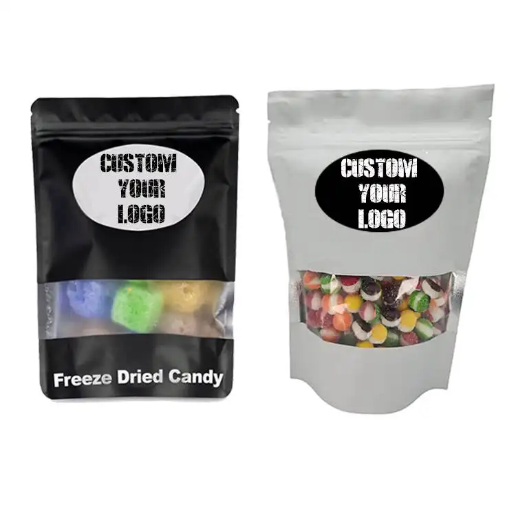 Mylar sacos para doces liofilizados, 50 sacos de doces secos congelados com janela transparente, bolsas stand up
