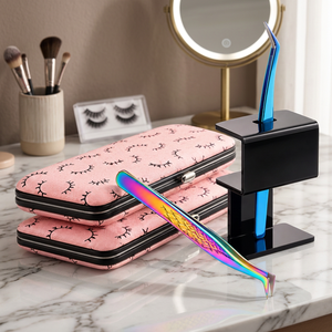Precision Stainless Steel Eyelash Tweezers <b>Set</b> with <b>Pink</b> Case and Black Stand for Lash Extensions Beauty <b>Tool</b> - Product Image 2