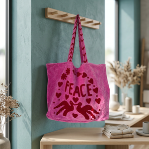 Wholesale Custom Handmade Pink Velvet Tote <b>Bag</b> Featuring Dark Red PEACE Lettering Doves <b>Hearts</b> and Floral Applique Embroidery - Product Image 1