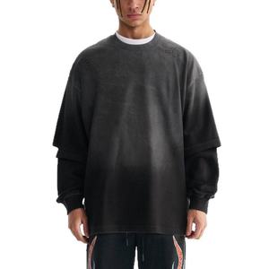 T-shirts pour hommes de haute qualité, 280 grammes, faux deux pièces, 100% coton, lavés, coupe ample, manches longues - Product Image 1