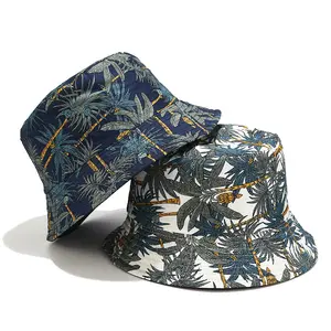 Vente en gros de nouveau chapeau de bassin double face d'été unisexe pour l'extérieur chapeau de soleil motif d'arbre de plantain tropical chapeau de pêcheur imprimé