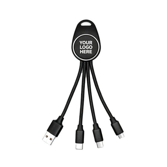 Custom Light up LED Logo Keychain 3-in-1 Charging Cable Portable Multi Port USB Charger Promotional Giveaway Gift for Smartphone