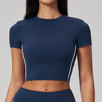 T-shirt de yoga court pour femme, manches courtes, col rond, bande latérale contrastante, brossé, séchage rapide, été, Pilates, gym, entraînement, vêtements de sport