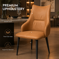 Fauteuil de salle à manger moderne en cuir à dossier haut et accoudoirs ailés, avec coussin épais et pieds en métal, rembourré, élégant pour hôtel, restaurant, maison