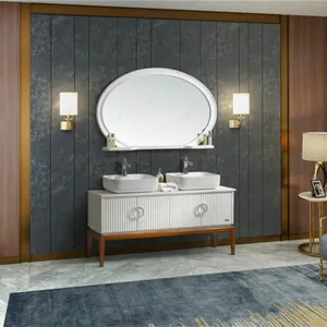 욕실 세면대 나무와 합판 60 인치 단단한 나무 더블 싱크 사용 욕실 가구 세라믹 분지 세면대 콤보 현대