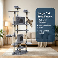 Arbre à chat multi-niveaux avec poteaux à gratter en sisal, condo en peluche pour chat, hamac de perchoir supérieur et jouet suspendu pour chats d'intérieur