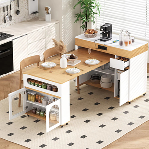 Modern Solid Wood Dining <b>Table</b> with Extra-Long Folding Top and Rolling Kitchen <b>Island</b> with Drawers - Product Image 1