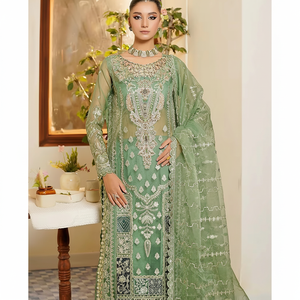 Haute qualité modeste femmes brodé fête porter indien pakistanais imprimer Salwar Kameez robe respirant en mousseline de soie et Organza costume - Product Image 1