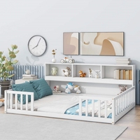 Lit double Montessori moderne multifonctionnel avec barrière, lit d'appoint double, étagères latérales, en bois, pour chambre d'enfant