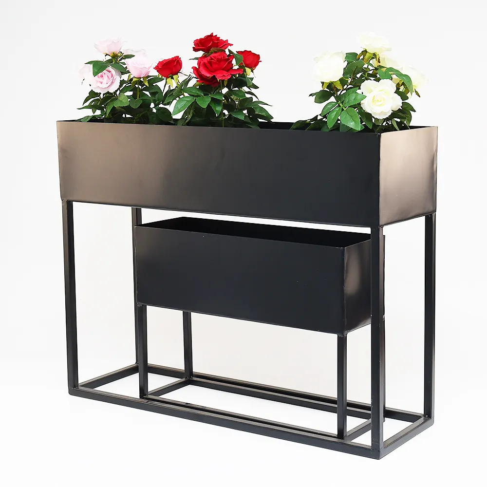 מתכת המטע גן ושימוש פנימי, גדול רצפת מט שחור פרח תצוגת stand, 2 סטים של מודרני פרח stand