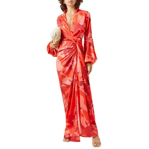Oem personalização elegante casual manga bufante, decote em v profundo plissado maxi vestido para moças sexy impressão de cetim vestidos de festa de mulheres