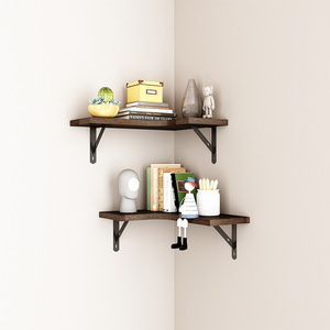 Wooden Corner <b>Shelf</b> 40x30x15 Cm Cast Iron Support <b>Wall</b> <b>Mounted</b> Storage Rack For Living Room Bedroom Kitchen - Product Image 1