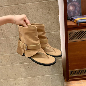Trendy Round Toe Thong Boots for Women's 2026 Spring Summer New Arrival Western Style Mid Calf Strappy Sandals - Product Image 4