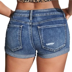 Short de plage d'été taille haute pour femme fendu Denim mode sauvage avec Sexy perforé élastique coupe ajustée manchette frisée Style décontracté - Product Image 4