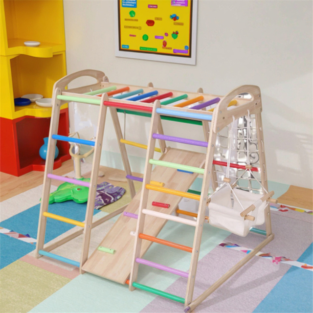 2024 Wooden Kindergarten Toys Indoor Jungle Gym 7 In-1 Montessori Climbing Balance Toys for Toddlers with Slide