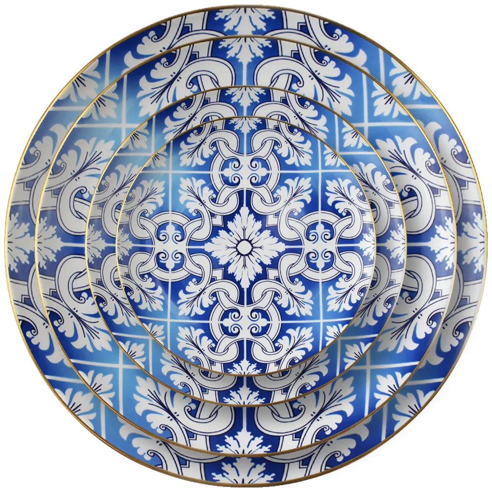 Placa de jantar de porcelana, estilo chinês, conjuntos de louças, branco, azul, floral, pratos de jantar, aro de ouro, placas de cerâmica