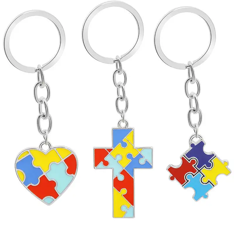 Promotion Zinc Alloy Forever Always soft enamel Puzzle Autism Awareness Pendant KeyChain keyrings heart shape jigsaw keychain