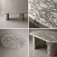 Table à manger ovale de luxe en marbre, pierre naturelle Arabescato, base à double cylindre, mobilier moderne sur mesure pour hôtel, 6 places