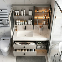 Ensemble de meuble-lavabo de salle de bain en dalle de pierre intégrée sans joint, style luxe léger, avec lavabo mural