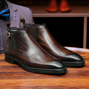 Bottines Chelsea pour hommes en cuir véritable, bout rond, à enfiler, avec bande élastique, semelle en caoutchouc, style automne - Product Image 1