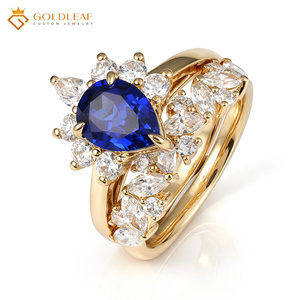 Goldleaf 14K /18K Solid Gold <b>Ring</b> Set, Lab‑Grown Pear‑Shaped Sapphire With <b>Diamonds</b>, For Wedding, Anniversary, Gift, Daily Wear - Product Image 1