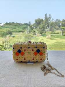 Elegant Embroidered Floral <b>Clutch</b> With <b>Gold</b> Chain For Evening Wear - Product Image 1