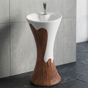 Madera Vitrossa Mate en relieve Cerámica Pedestal Lavabo Fregadero Soporte Diseñador Blanco Marrón India Exportación - Product Image 1