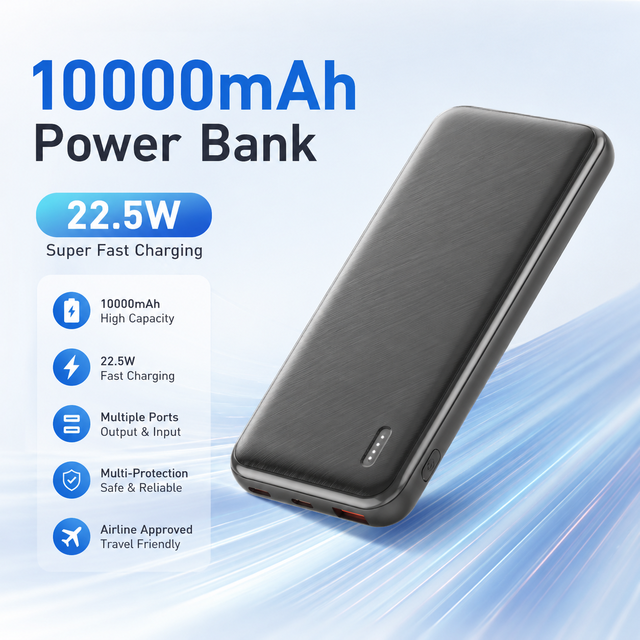 Airplane Safe ODM/OEM 10000mAh Fast Charging 22.5W Power Bank 3 Output Ports Digital Display Portable Travel Custom
