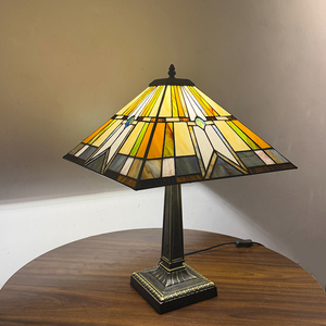 Mission Style Square Stained Glass <b>Table</b> <b>Lamp</b>, Geometric Handmade Desk <b>Lamp</b> with Zinc Alloy <b>Base</b> for Study & Office Decoration - Product Image 2