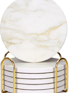 Luxury Round White <b>Marble</b> <b>Coaster</b> Set of 6 with Gold Metal Holder Eco-Friendly Drink <b>Coasters</b> Cup Mat for Home Decor Wholesale - Product Image 5