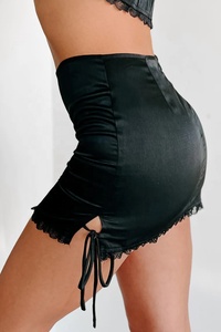 KY Satin Custom Black Blusa de mujer Blusas de manga larga Elegante <span class=keywords><strong>Invisible</strong></span> Cremallera Mini falda Tela de encaje Conjunto de falda de dos piezas - Product Image 5