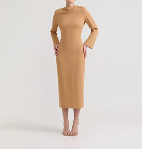 Elegant Camel Cowl Neck Bodycon Midi Dress for Women, Long Sleeve Slim Fit Formal Office Wear - Product Image 2