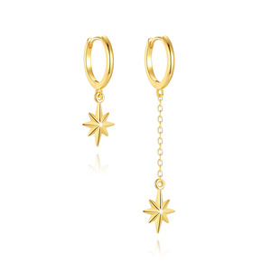 Boucles d'oreilles pendantes asymétriques en argent sterling S925 style AB, motif étoile à huit branches géométrique minimaliste avec pompon - Product Image 1