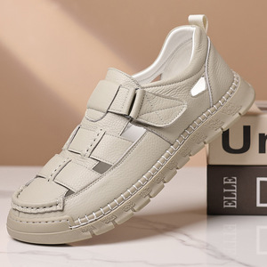 Sandalias de Cuero para Hombre, Diseño Calado, Cierre de Velcro, Transpirables, Casuales, Color Beige, Tallas 40-46 - Product Image 1