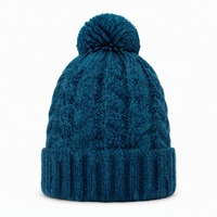 Bonnet tricoté personnalisé avec pompon, bordure plissée, en maille torsadée turquoise, pour l'hiver – Fabrication OEM/ODM