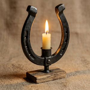 Equestrian <b>Horseshoe</b> Candle Holder Metal Rustic Tabletop Stand with Wooden Base Western Farmhouse Home Décor Centerpiece Stand - Product Image 1